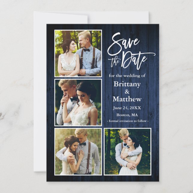 Save The Date Bracelet Script Bleu Bois Couple 4 Photo (Devant)