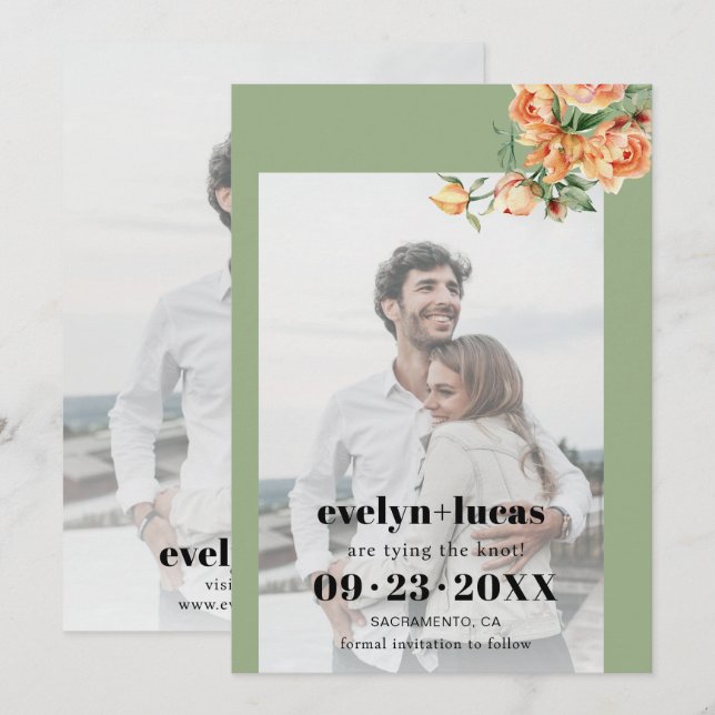 Save The Date Branche avec rose de pêche mariage photo floral (Devant / Derrière)