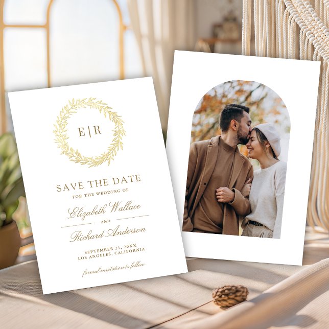 Save The Date Branche de feuille d'or blanc Photo de mariage (Créateur téléchargé)