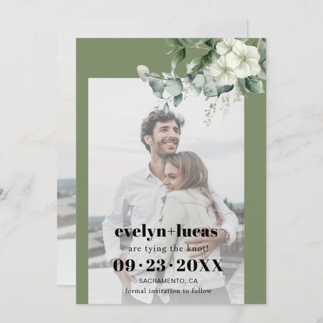 Save The Date Branche Eucalyptus et fleurs blanches photo mariag (Devant / Derrière)