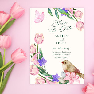 Save The Date branche florale oiseau 