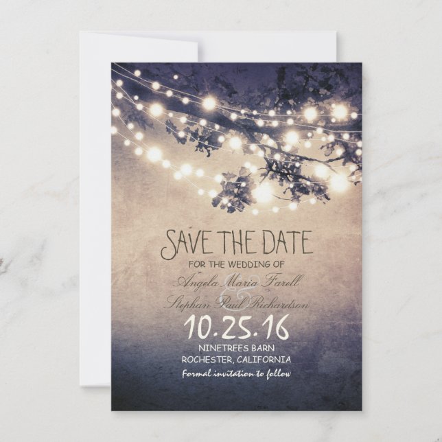 Save The Date Branches de l'arbre rustique et lumières à cordes  (Devant)