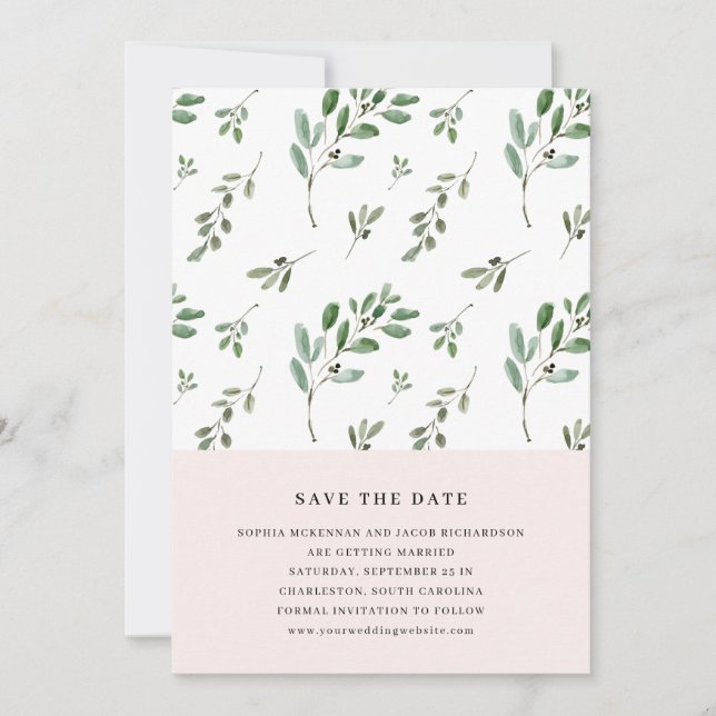 Save The Date Branches d'olive peintes | Simple mariage rose blu (Devant)