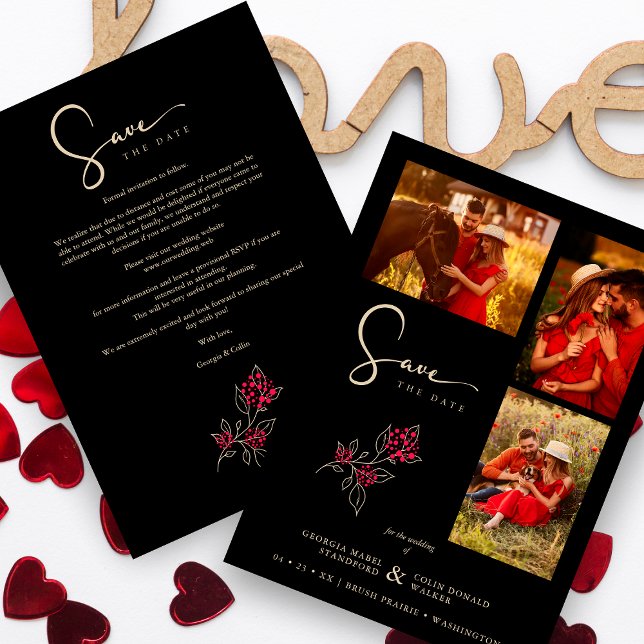 Save The Date Branches dorées romantiques rouges 3 Photos Collag (Créateur téléchargé)
