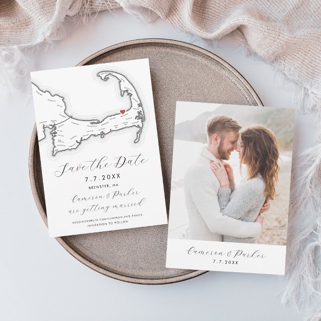 Save The Date Brewster MA Cape Cod Map Mariage noir et blanc (Brewster MA Cape Cod Map Save the Date with Photo in Elegant Modern Black and White)