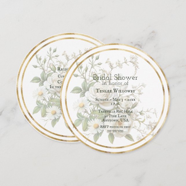 Save The Date Bridal Shower White Roses Gold Frame (Devant / Derrière)