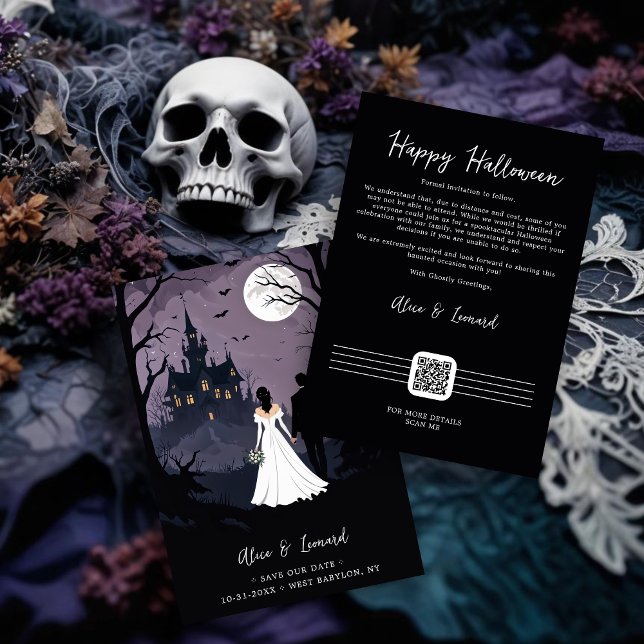 Save The Date Bride & Groom Creepy Forest Walking Toward Castle (Halloween Bride and Groom in Creepy Forest Walking Toward Haunted Castle Save the Dates Cards.)
