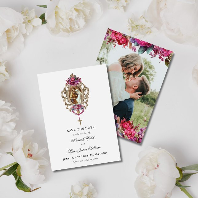 Save The Date Bright Bold Magenta Floral & Mariage photo (Magenta pink, floral, Catholic save the date card with photo on back)