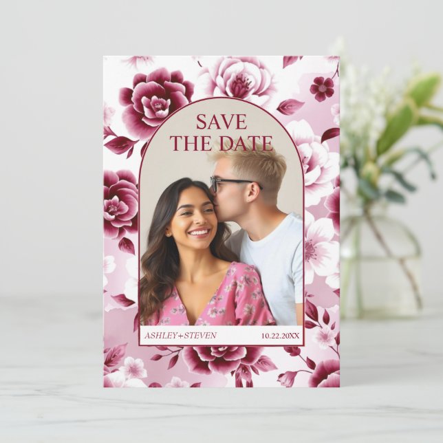 Save The Date Brochure florale bordeaux, aquarelle photo (Debout devant)