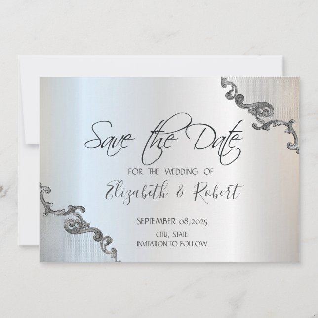 Save The Date Broderie Ancienne Bordure Argent Mariage  Prévenez (Devant)