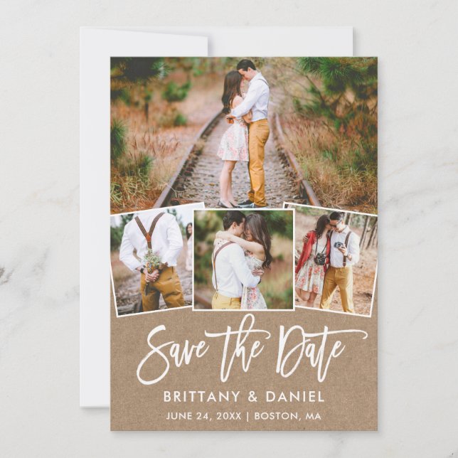 Save The Date Brosse moderne Script 4 Collage photo Kraft (Devant)