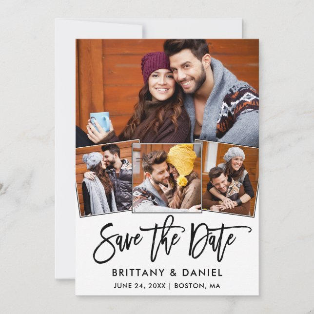 Save The Date Brosse moderne Script 4 Photo Collage Couple (Devant)
