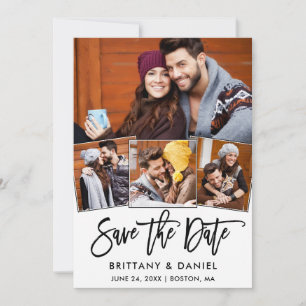 Save The Date Brosse moderne Script 4 Photo Collage Couple