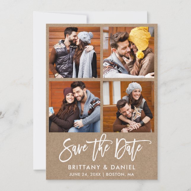 Save The Date Brosse moderne Script 4 Photo Couple Kraft (Devant)