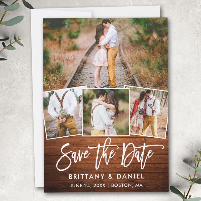 Save The Date Brosse moderne Script Bois rustique 4 Photo Couple (Customize to change your personalized text size, style or to add more text & photos to back of card.)