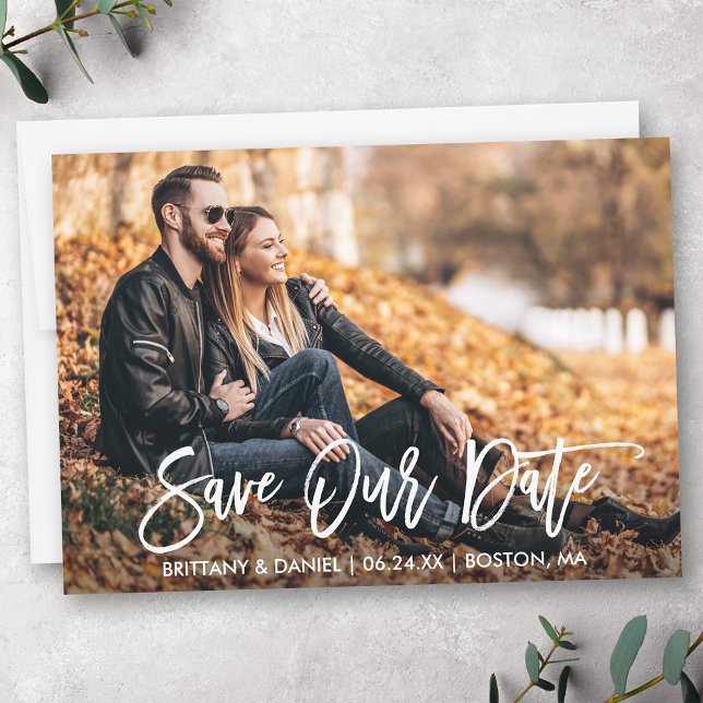 Save The Date Brosse moderne Script photo Enregistrer notre cart (Customize to add text to back of card.)