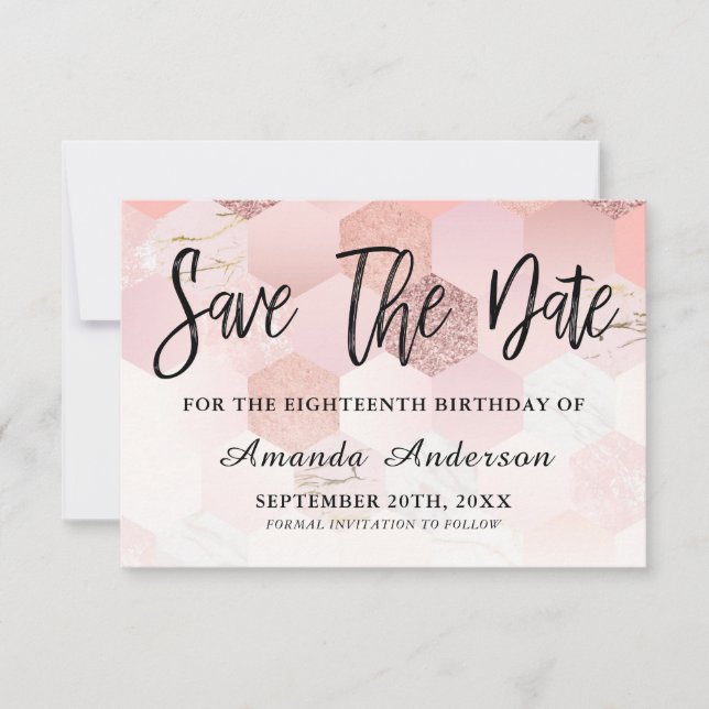 Save The Date Brosse rose or Script 18e anniversaire (Devant)