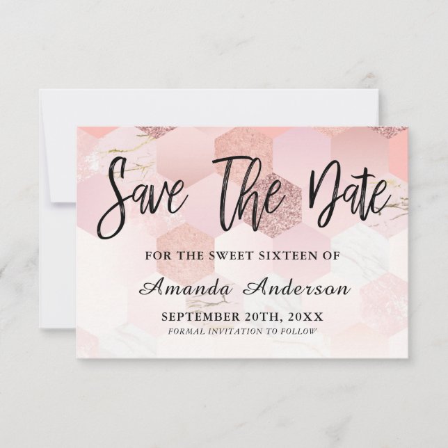 Save The Date Brosse rose or Script Sweet 16 (Devant)