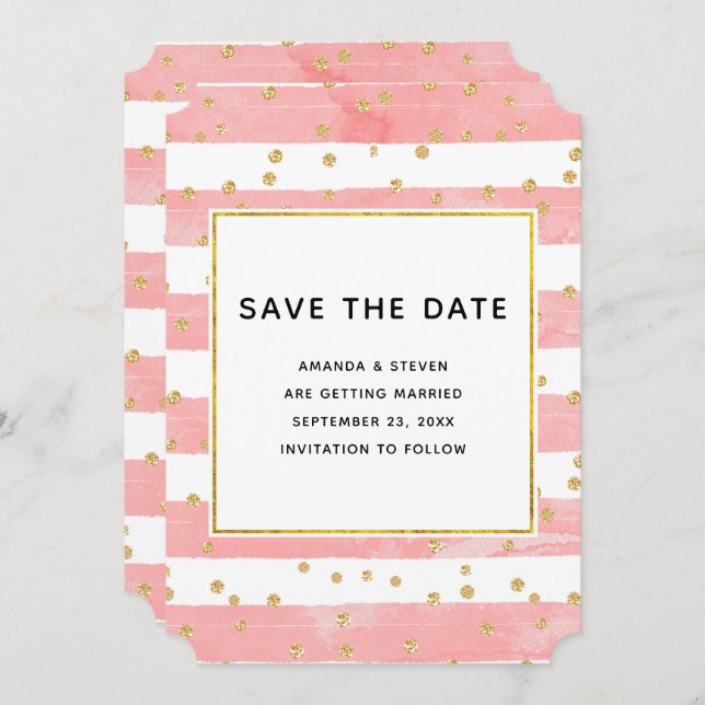 Save The Date Brousse rose avec Mariage Confetti Or (Devant / Derrière)