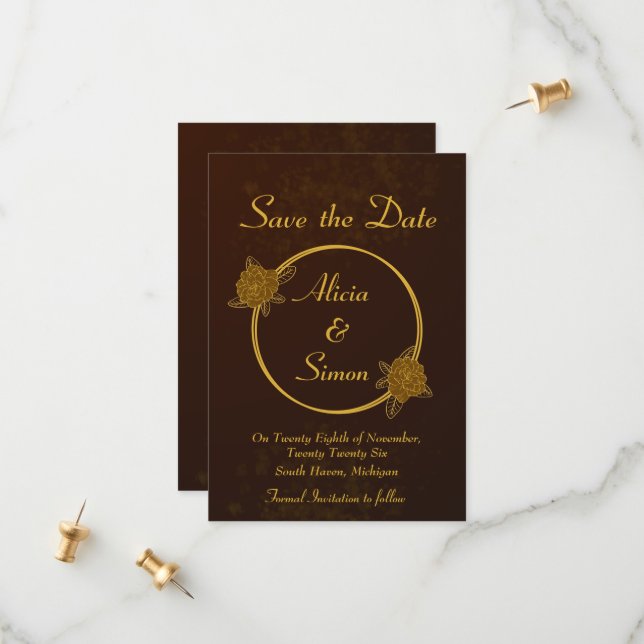 Save The Date Brown de chocolat riche Mariage floral minimal (Devant/Arrière en situation)