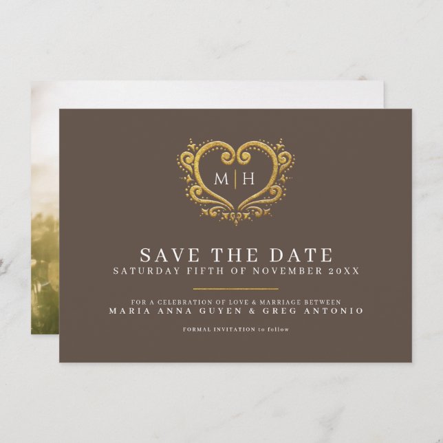 Save The Date Brown or coeur photo mariage (Devant / Derrière)