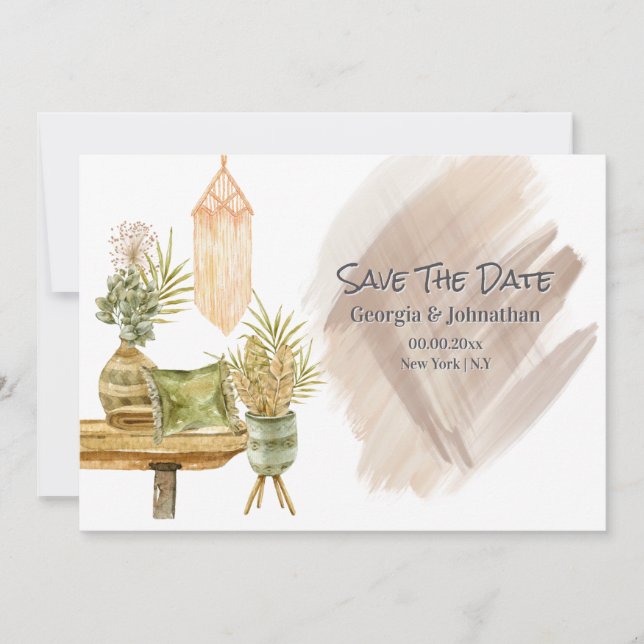 Save The Date Brown or vert boho macrame pays pot plantes (Devant)