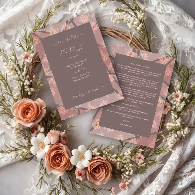Save The Date Brown Romantic Floral Stained Glass Effect (Brown Romantic Floral Stained Glass Effect Save the Date Card with Envelope. )