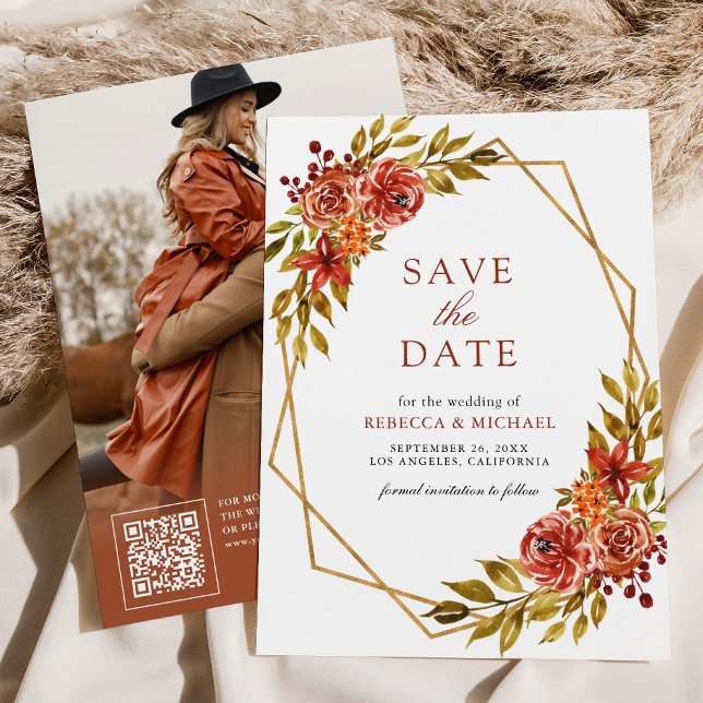 Save The Date Brûlé Orange Floral Gold Frame Mariage de automne  (Créateur téléchargé)