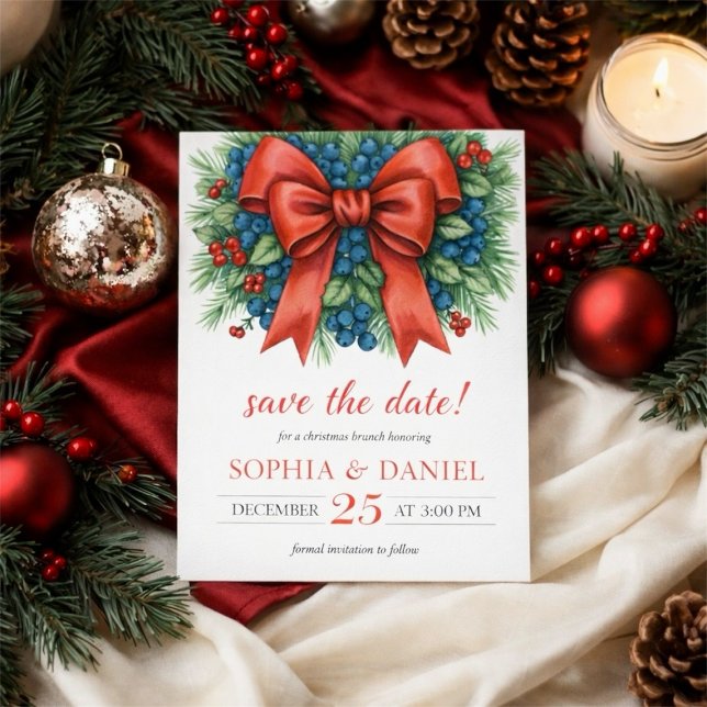 Save The Date Brunch de Noël aquarelle Ruban Rouge (Red Bow Watercolor Christmas Brunch Save The Date)