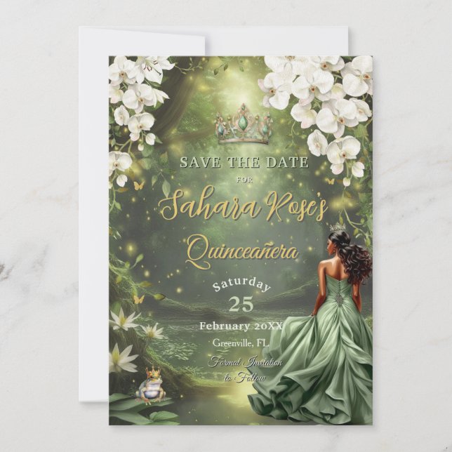 Save The Date Brune Princesse et Sage Grenouille Vert Quinceaner (Devant)