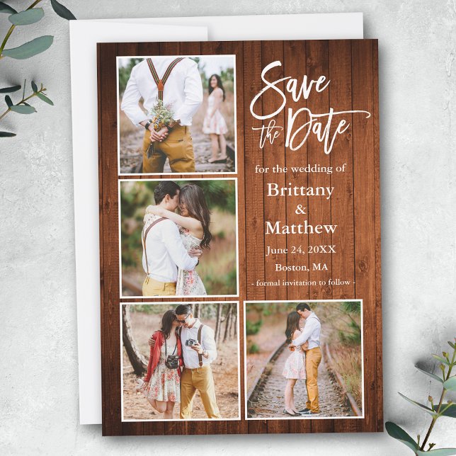 Save The Date Brush Script Wood 4 Fiançailles photo (Customize to change your personalized text size, style or to add more text & photos to back of card.)