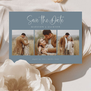 Save The Date Budget Bleu Simple Calligraphie Script Quatre Phot