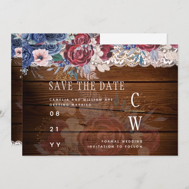 Save The Date Budget Burgundy Blue Floral dentelle Mariage SAVE  (Devant / Derrière)