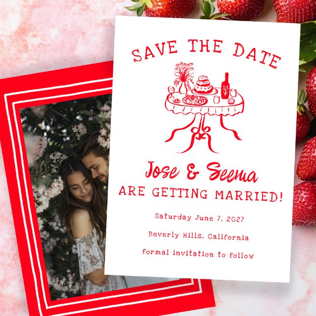 Save The Date Buffet Dîner Table Main Drate Cute Photo personnal (Buffet Dinner Table Hand Drawn Cute Custom Photo Save The Date Wedding Invitation Engagement
)