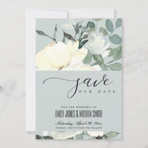 SAVE THE DATE BUNCH FLORAL EN AQUA BLANC EN IVOIRE GRISE