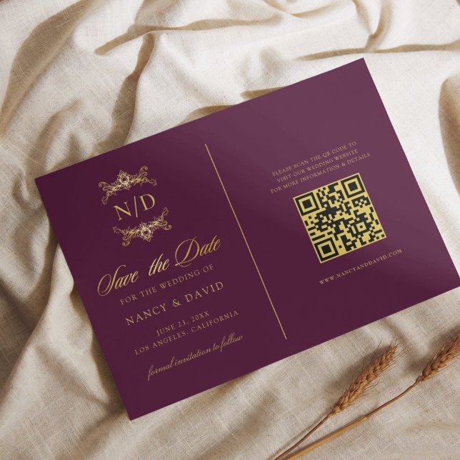 Save The Date Burgundy And Gold Monogram Qr Code Wedding (Créateur téléchargé)