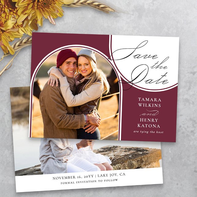 Save The Date Burgundy Arched Photo Mariage Calligraphie (Photo save the date burgundy wedding announcement from my Wedding Colors collection)