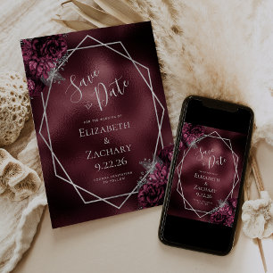 Save The Date Burgundy Argent Floral Géométrique Enregistrer la