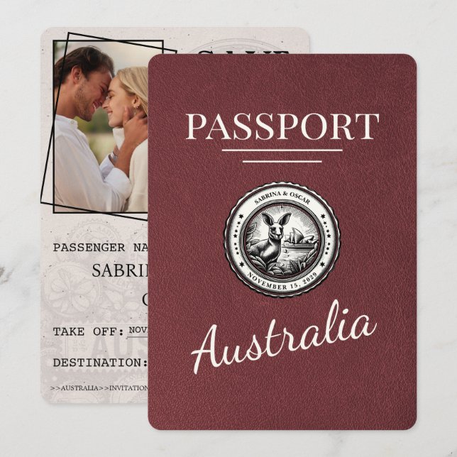 Save The Date Burgundy Australie Passeport Enregistrer La Date (Devant / Derrière)
