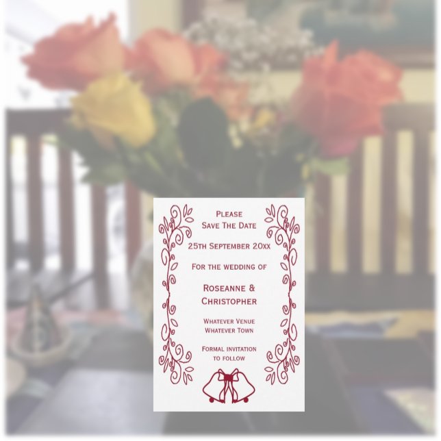 Save The Date Burgundy Bells Scrollwork Design Mariage (Burgundy wedding save the date bells and scrollwork design)