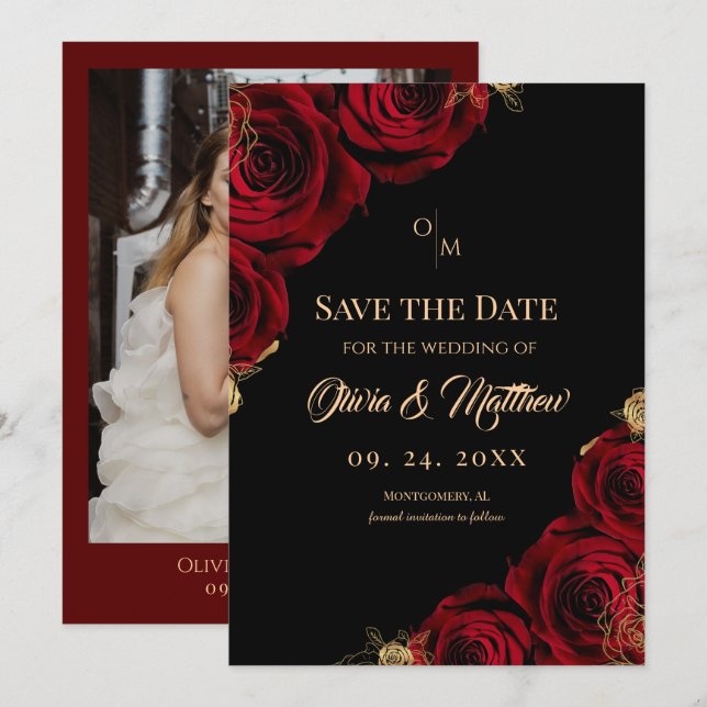 Save The Date  Burgundy Black Red Rose Floral Wedding (Devant / Derrière)