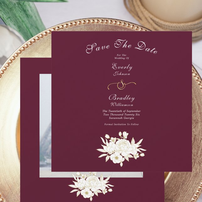 Save The Date Burgundy Blanc Elegant Or Floral Roses Photo (Créateur téléchargé)