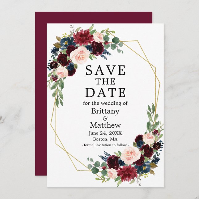 Save The Date Burgundy Bleu Aquarelle Floral Gold Geo Frame (Devant / Derrière)