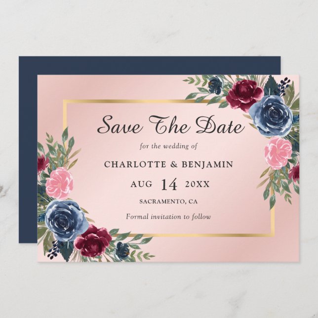 Save The Date Burgundy Bleu Bleu Or Floral Mariage (Devant / Derrière)