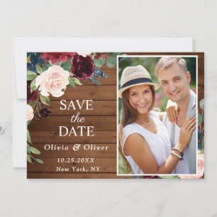 Save The Date Burgundy Blue Blush Russe PHOTO Floral Mariage