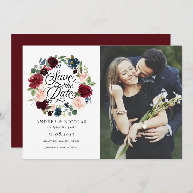 Save The Date Burgundy & Blue Floral Wreath Photo Enregistrer la (Devant / Derrière)