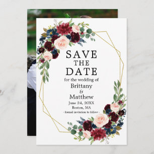 Save The Date Burgundy Blue Watercolor Floral Geo Frame Photo