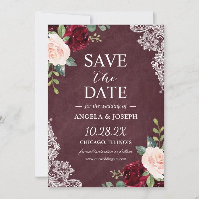 Save The Date Burgundy Blush Floral Beau Mariage de dentelle bla (Devant)