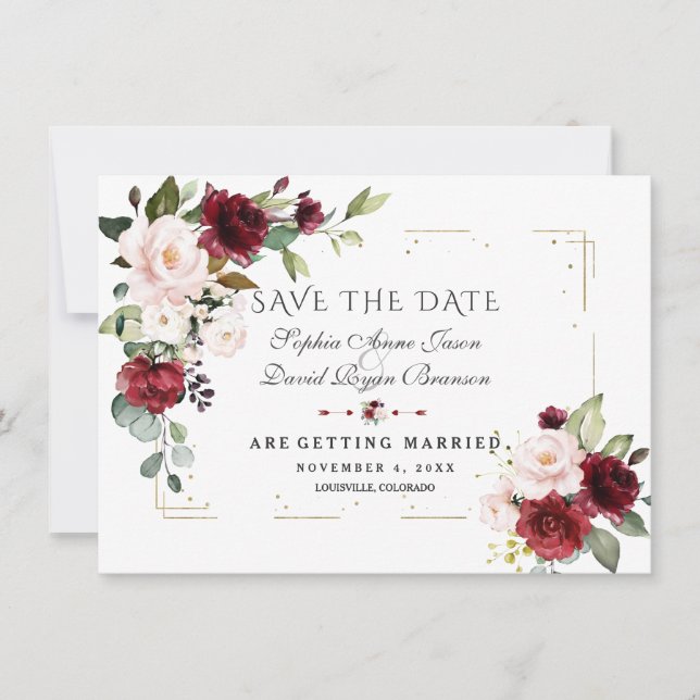 Save The Date Burgundy Blush Floral Parties scintillant  d'or Ma (Devant)