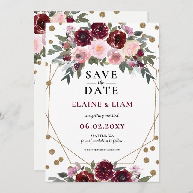 Save The Date Burgundy Blush Gold Floral Mariage Enregistrer T (Devant / Derrière)